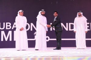 H.H. Sheikh Ahmed bin Mohammed Bin Rashid Al Maktoum, Chairman of the Mohammed bin Rashid Foundation and President of the UAE National Olympic Committee, congratulating Rahul Duragkar, Managing Director at Emitech Technical Services