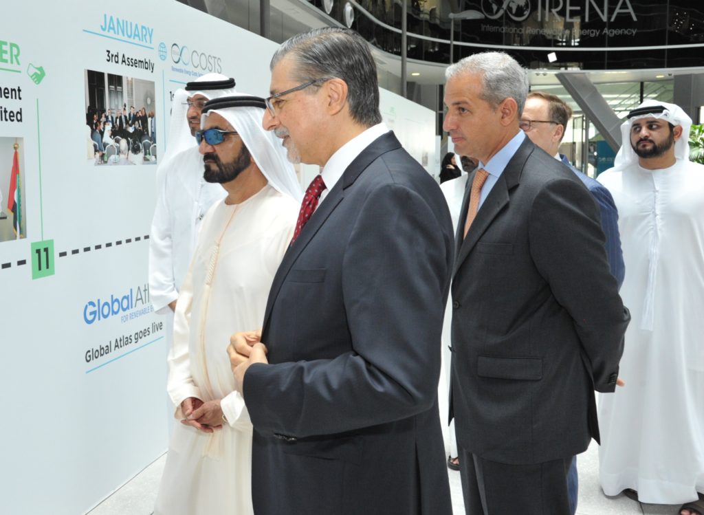 (Left to right) H.E. Dr Sultan Al Jaber, UAE Minister of State and Chairman of Masdar, H.H. Mohammed bin Rashid Al Maktoum, Vice President and Prime Minister of the UAE and Ruler of Dubai, Adnan Z Amin, Director-General of IRENA, Mohamed ElFarnawany, Director of IRENA’s Strategic Management and Executive Direction Division, Sakari Oksanen, IRENA’s Deputy Director-General, HH Maktoum Bin Mohammed Bin Rashid Al Maktoum, Deputy Ruler of Dubai.