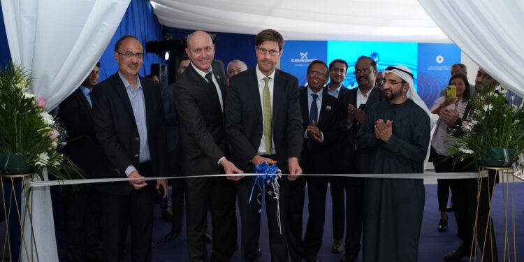 H.E. Anders Bjorn Hansen inaugurates the sub-factory in the company of Salahuddin Sharif,Chairman, MAHY Khoory (to his left) and Michael Nielsen, Senior Regional Director, Grundfos UAE – IMEA (to his right)