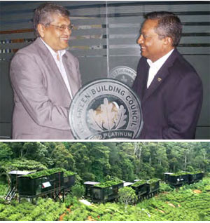 Prema Cooray, Chairman of the Rainforest, Deniyaya, Sri Lanka, receiving the LEED Platinum Award for Ecotourism from Mario Seneviratne, LEED Fellow, Managing Director, Green Technologies, Dubai (Inset: The Rainforest, Deniyaya, Sri Lanka)