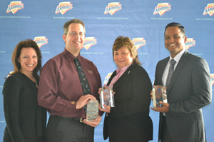 Gina Nicholson, NSF Global Client Director of Retail Food Services; Jason Hofman (winner), Senior Quality Assurance Manager at Michigan Turkey Producers (accepted the award on behalf of Michigan Turkey Producers); Debby L Newslow (winner), President of DL Newslow & Associates, Inc and Bobby Krishna (winner), Principal Food Studies Officer of the Food Control Department at the Dubai Municipality